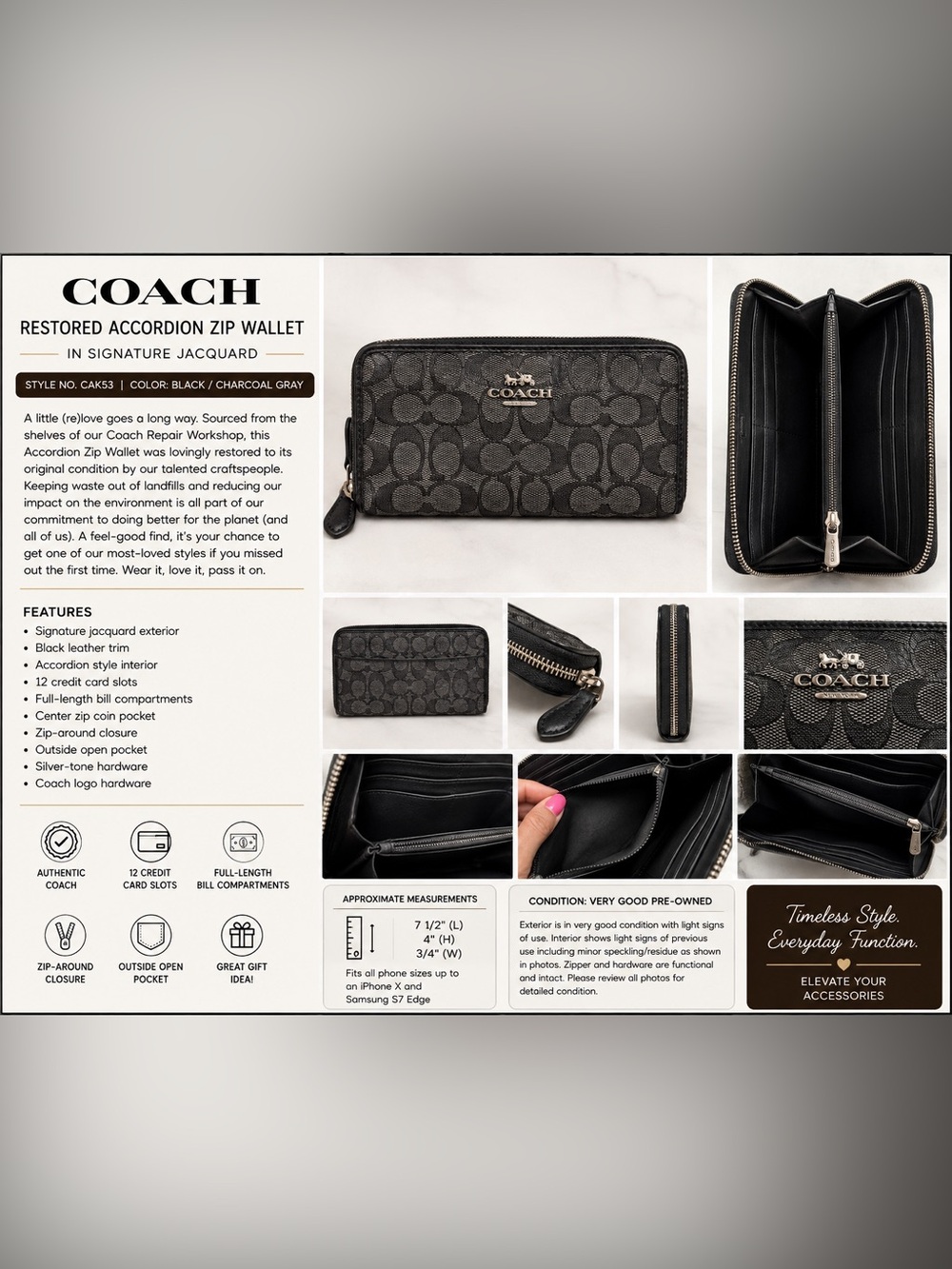 Coach CAK53 Accordion Zip Wallet Signature Jacquard Black Gray 12 Card Slots